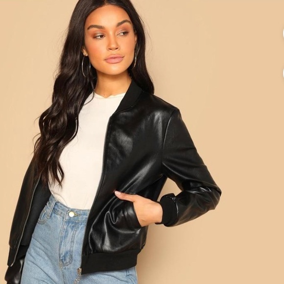 Black Zip Up Faux Leather Bomber Jacket - Picture 2 of 3